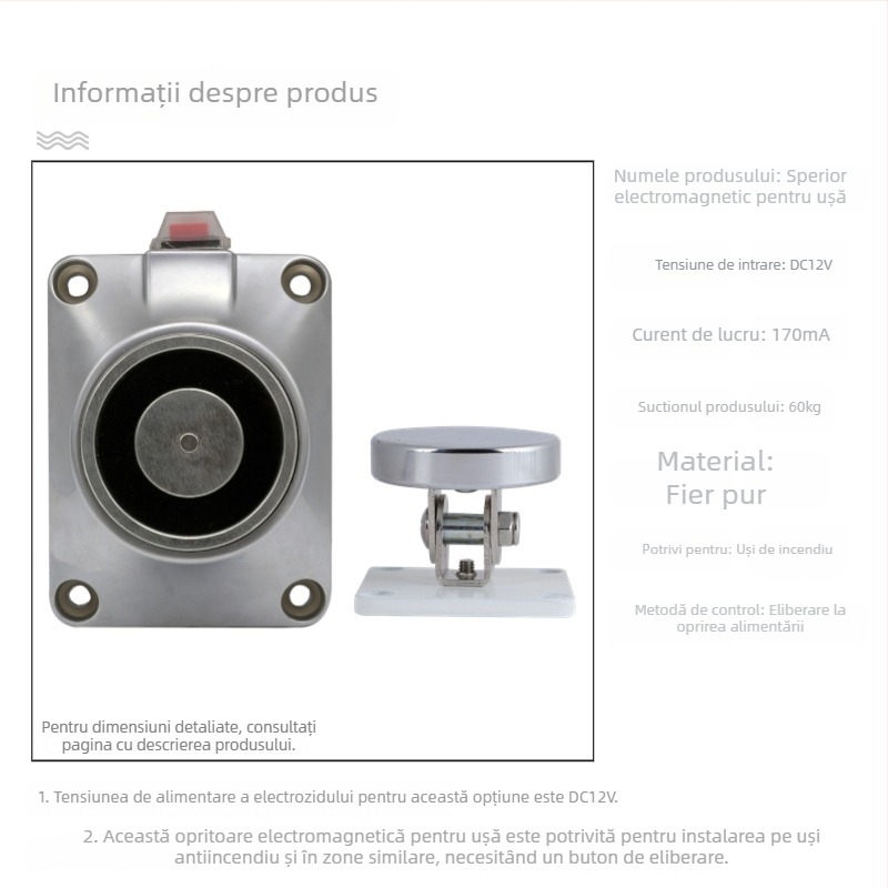 F34 Dispozitiv electromagnetic de eliberare a ușii pentru ușile de incendiu din sticlă fără ramă, aliaj de zinc, finisaj vopsire cu uscare în cuptor, montaj pe perete, stil modern minimalist