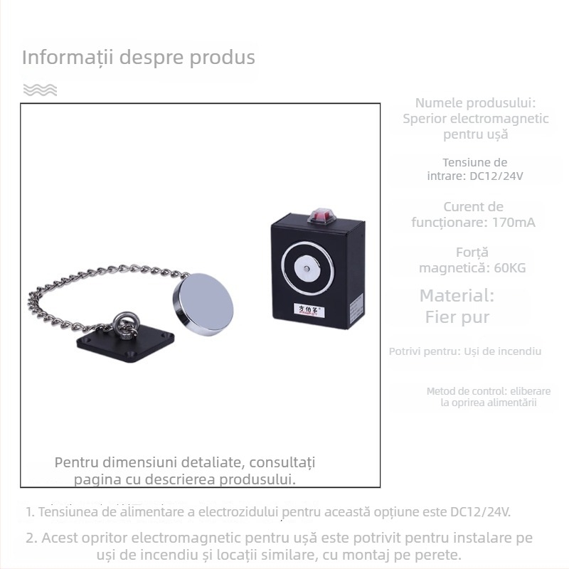 F34 Dispozitiv electromagnetic de eliberare a ușii pentru ușile de incendiu din sticlă fără ramă, aliaj de zinc, finisaj vopsire cu uscare în cuptor, montaj pe perete, stil modern minimalist
