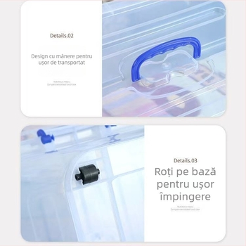 Cutie de depozitare transparentă din PE cu capac și roți, pereți de 3–4 mm, fabricată prin injecție