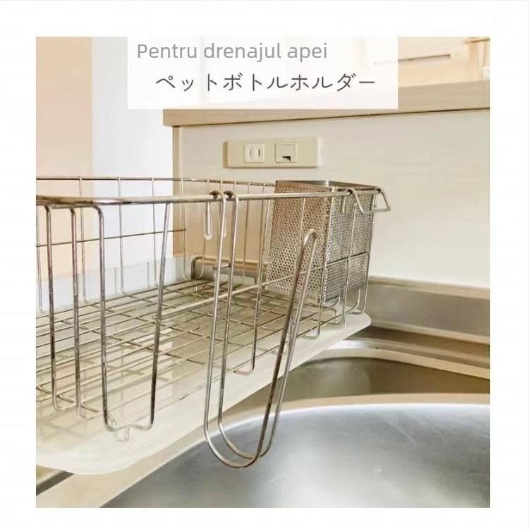 Raft din oțel inoxidabil pentru chiuveta bucătărie, cu suport pentru pahare, raft de drenaj pentru termos și depozitare verticală a sticlelor