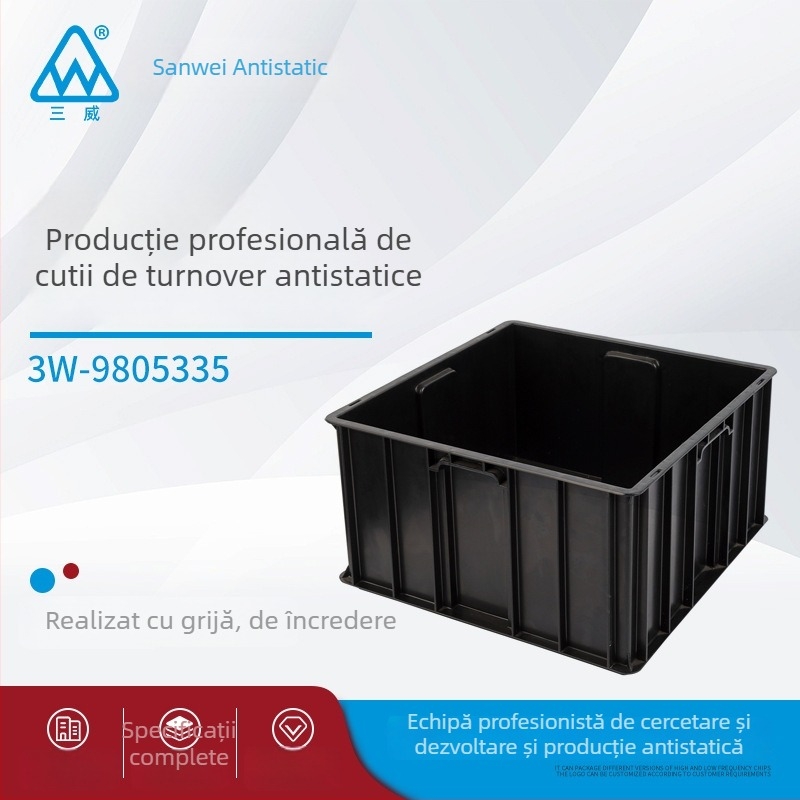 Sanwei cutie logistică din PP antistatice pentru transport și depozitare, cutie turnover/transit pentru depozitare, injecție-moldată, dimensiuni externe 400x400x220 mm, interne 370x370x200 mm, grosime perete 2,5 mm, greutate 2 kg, capacitate 20 kg