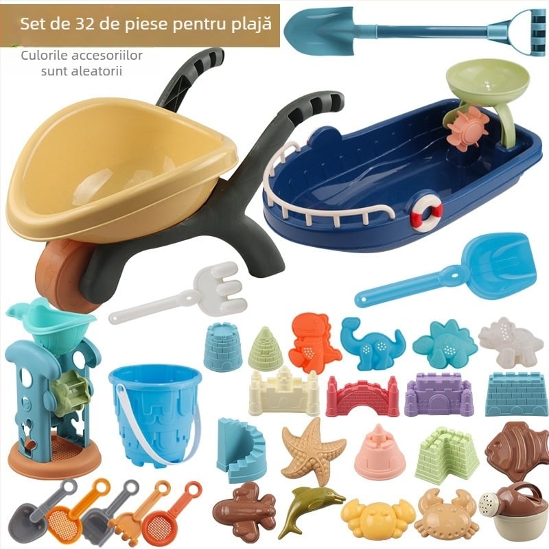 Set de jucării pentru plajă cu lopată de nisip și unelte de săpat, din plastic, pentru joacă în nisip și în apă, pentru copii 4–6 ani, include un cărucior pentru nisip