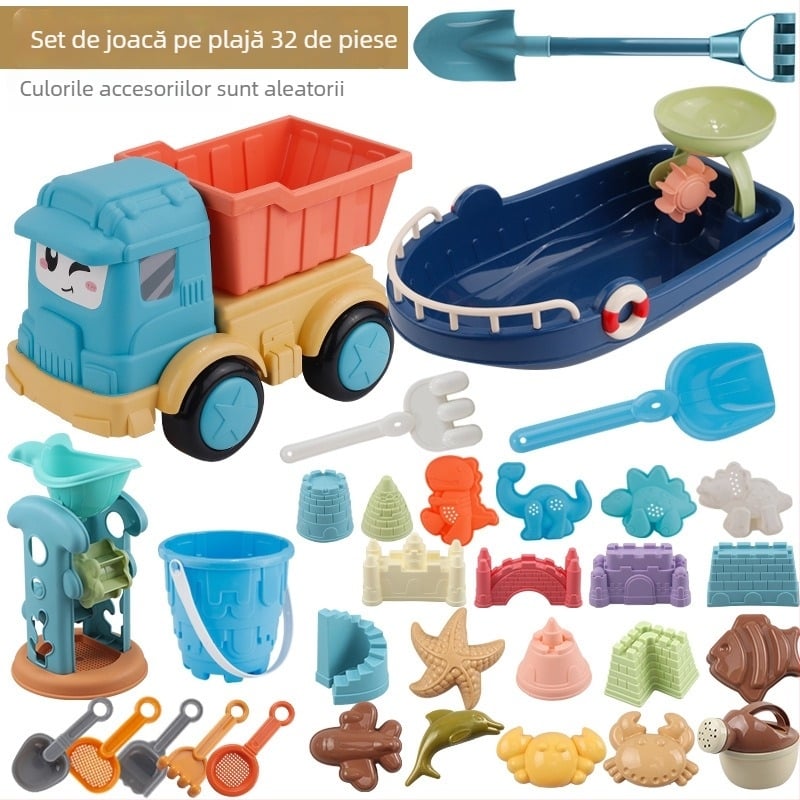 Set de jucării pentru plajă cu lopată de nisip și unelte de săpat, din plastic, pentru joacă în nisip și în apă, pentru copii 4–6 ani, include un cărucior pentru nisip