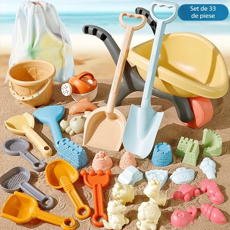 Set de jucării pentru plajă cu lopată de nisip și unelte de săpat, din plastic, pentru joacă în nisip și în apă, pentru copii 4–6 ani, include un cărucior pentru nisip