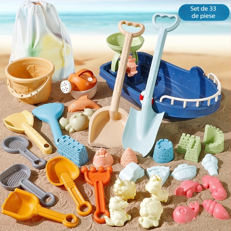 Set de jucării pentru plajă cu lopată de nisip și unelte de săpat, din plastic, pentru joacă în nisip și în apă, pentru copii 4–6 ani, include un cărucior pentru nisip