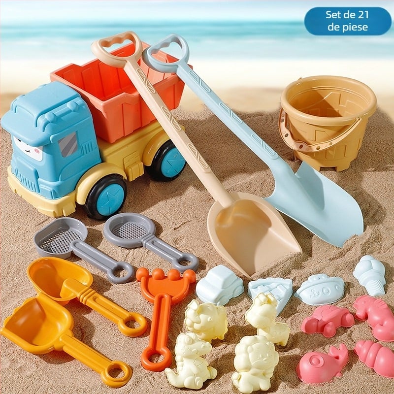 Set de jucării pentru plajă cu lopată de nisip și unelte de săpat, din plastic, pentru joacă în nisip și în apă, pentru copii 4–6 ani, include un cărucior pentru nisip