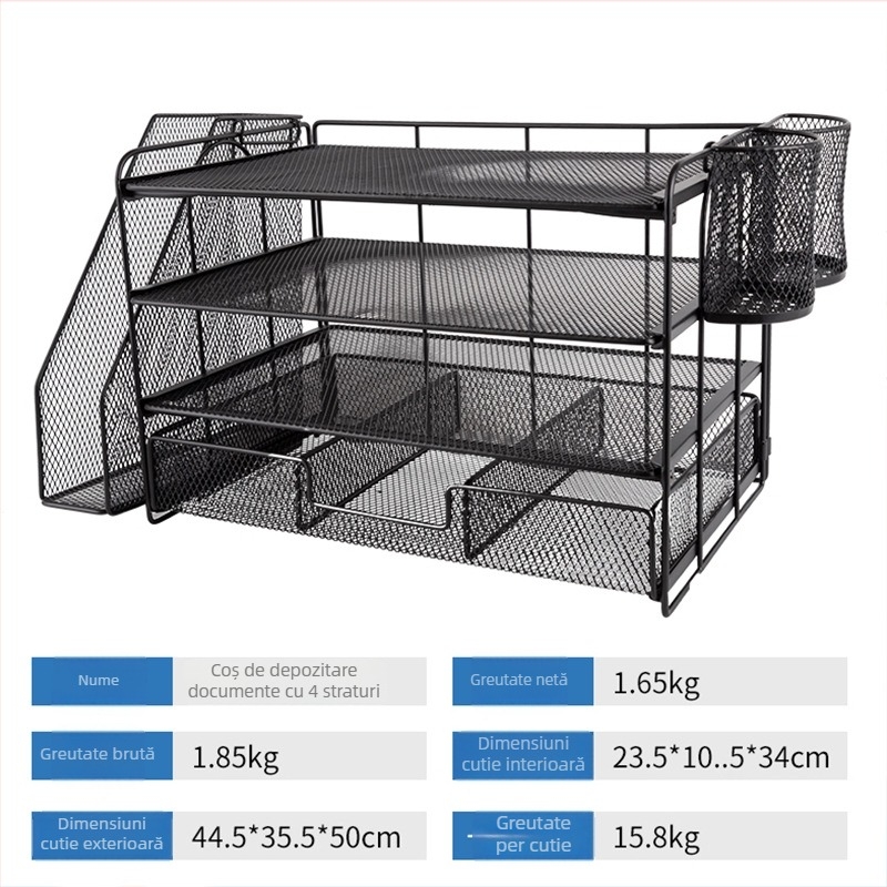 Raft de birou pentru documente – din fier, 4 niveluri, spațiere între niveluri 10 mm, tip: bară pentru fișiere, depozitare multifuncțională