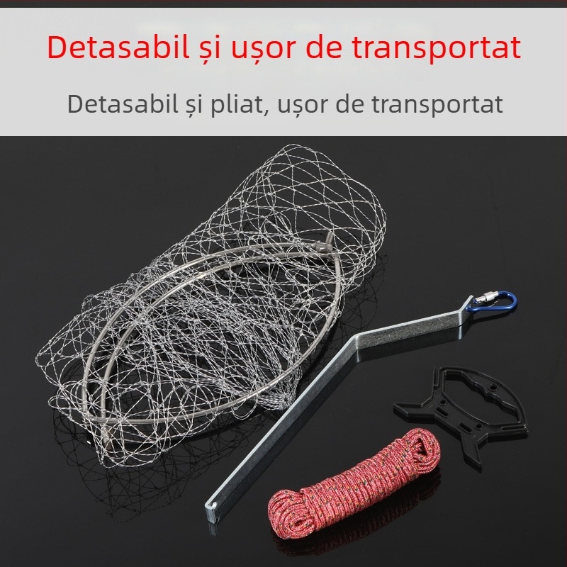 Plasă de pescuit pliabilă din oțel inoxidabil, diametrul plasei 40–50 cm, adâncimea 50–60 cm, construcție solidă, încărcare până la 10 kg.