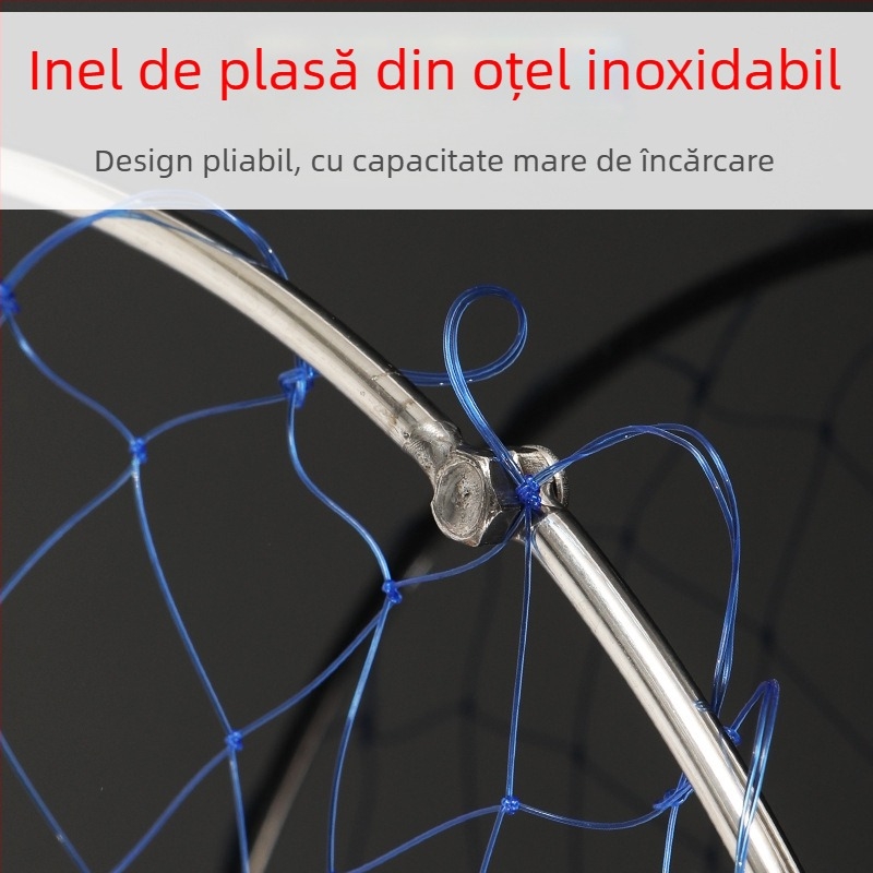 Plasă de pescuit pliabilă din oțel inoxidabil, diametrul plasei 40–50 cm, adâncimea 50–60 cm, construcție solidă, încărcare până la 10 kg.