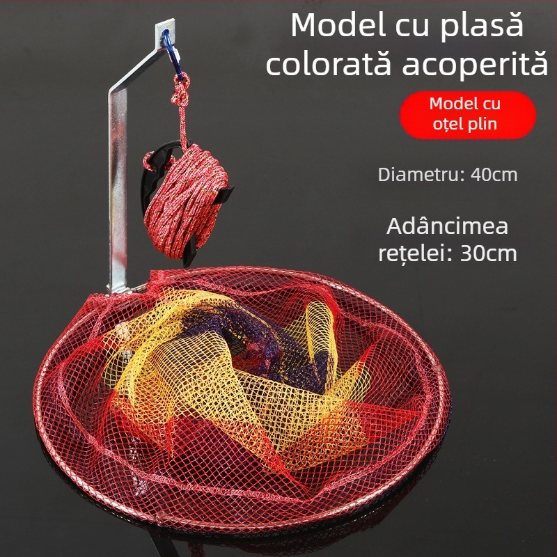Plasă de pescuit pliabilă din oțel inoxidabil, diametrul plasei 40–50 cm, adâncimea 50–60 cm, construcție solidă, încărcare până la 10 kg.