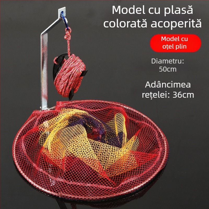Plasă de pescuit pliabilă din oțel inoxidabil, diametrul plasei 40–50 cm, adâncimea 50–60 cm, construcție solidă, încărcare până la 10 kg.