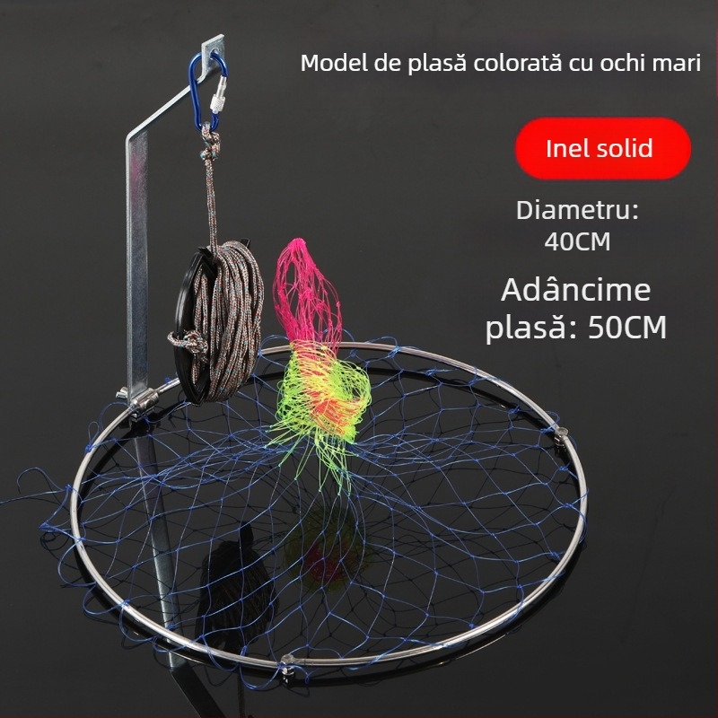 Plasă de pescuit pliabilă din oțel inoxidabil, diametrul plasei 40–50 cm, adâncimea 50–60 cm, construcție solidă, încărcare până la 10 kg.