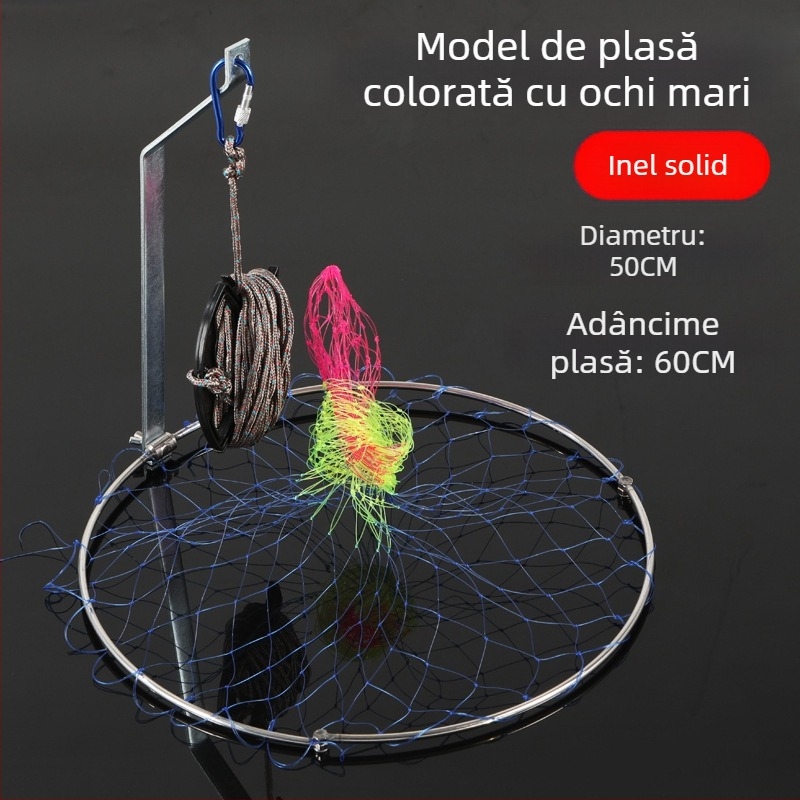 Plasă de pescuit pliabilă din oțel inoxidabil, diametrul plasei 40–50 cm, adâncimea 50–60 cm, construcție solidă, încărcare până la 10 kg.