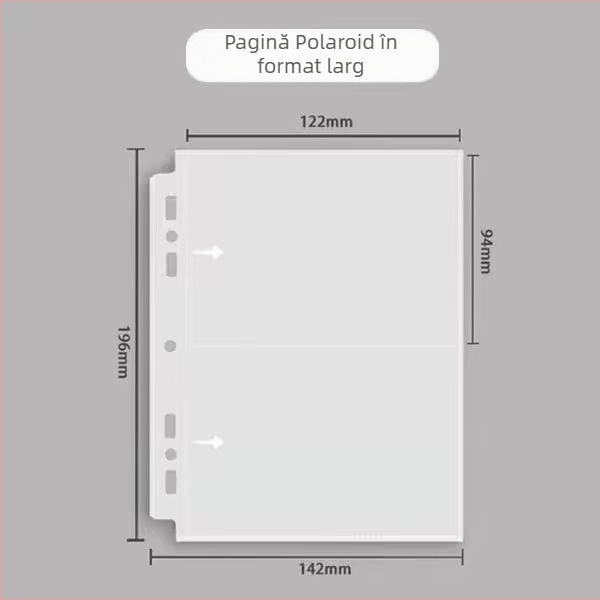 Pagini interioare album Polaroid: format lat, cu șapte găuri, legătură tip loose-leaf, material PP, pentru pagini de album, fără imprimare logo