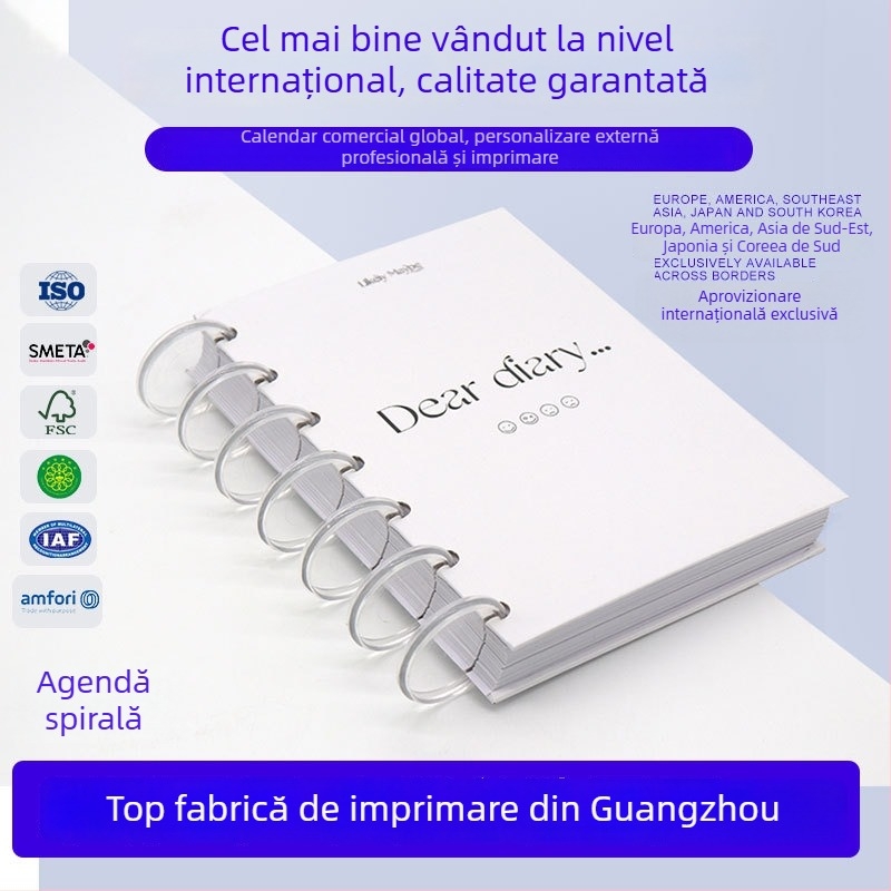 Caiet cu legătură spirală, găuri tip ciupercă, 150 pagini, hârtie interioară, imprimare logo disponibilă, personalizabil