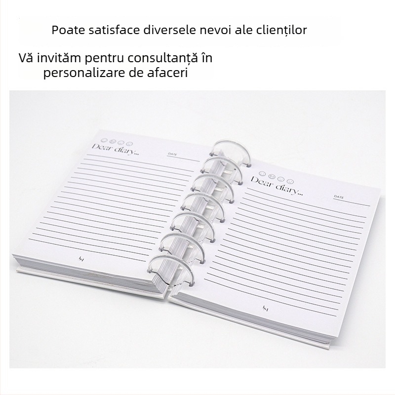 Caiet cu legătură spirală, găuri tip ciupercă, 150 pagini, hârtie interioară, imprimare logo disponibilă, personalizabil