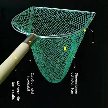 Plasă de pescuit cu mâner din lemn, dublă față, solidă, cu ochiuri fine; Material: oțel armat, diametru deschidere 28–40 cm, adâncime 22–60 cm, încărcare 5–30; pentru acvacultură și fructe de mare (pește și creveți)