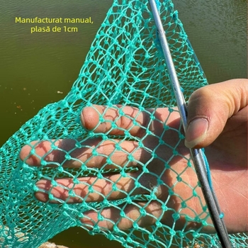 Plasă de pescuit cu mâner din lemn, dublă față, solidă, cu ochiuri fine; Material: oțel armat, diametru deschidere 28–40 cm, adâncime 22–60 cm, încărcare 5–30; pentru acvacultură și fructe de mare (pește și creveți)