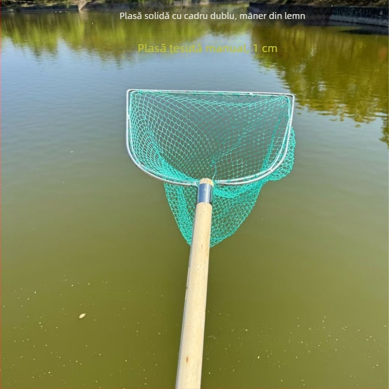 Plasă de pescuit cu mâner din lemn, dublă față, solidă, cu ochiuri fine; Material: oțel armat, diametru deschidere 28–40 cm, adâncime 22–60 cm, încărcare 5–30; pentru acvacultură și fructe de mare (pește și creveți)