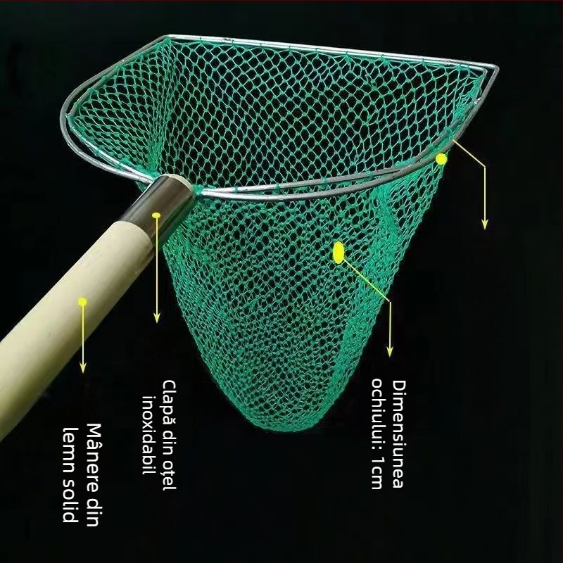 Plasă de pescuit cu mâner din lemn, dublă față, solidă, cu ochiuri fine; Material: oțel armat, diametru deschidere 28–40 cm, adâncime 22–60 cm, încărcare 5–30; pentru acvacultură și fructe de mare (pește și creveți)