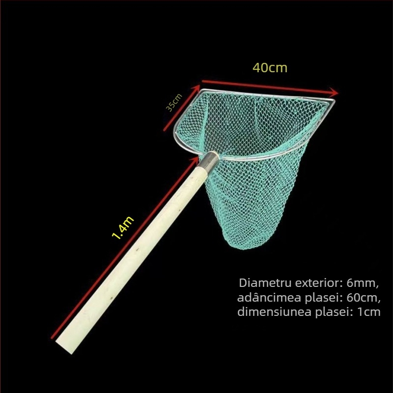 Plasă de pescuit cu mâner din lemn, dublă față, solidă, cu ochiuri fine; Material: oțel armat, diametru deschidere 28–40 cm, adâncime 22–60 cm, încărcare 5–30; pentru acvacultură și fructe de mare (pește și creveți)