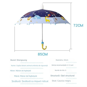 Umbrelă pentru copii pentru soare și ploaie, material textil din vinil, UPF 50+, cadru cu 8 nervuri, deschidere/închidere manuală, stil desen animat
