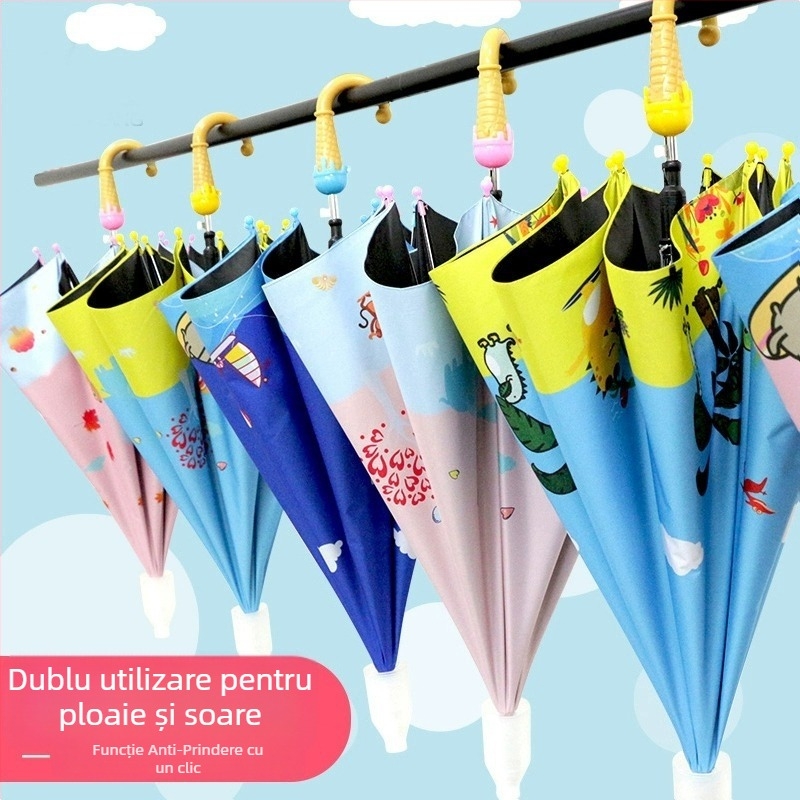 Umbrelă pentru copii pentru soare și ploaie, material textil din vinil, UPF 50+, cadru cu 8 nervuri, deschidere/închidere manuală, stil desen animat