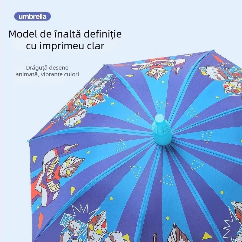 Umbrelă pentru copii pentru soare și ploaie, material textil din vinil, UPF 50+, cadru cu 8 nervuri, deschidere/închidere manuală, stil desen animat
