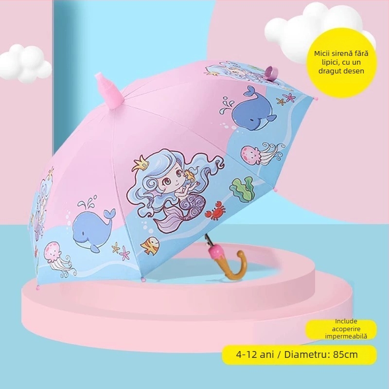 Umbrelă pentru copii pentru soare și ploaie, material textil din vinil, UPF 50+, cadru cu 8 nervuri, deschidere/închidere manuală, stil desen animat