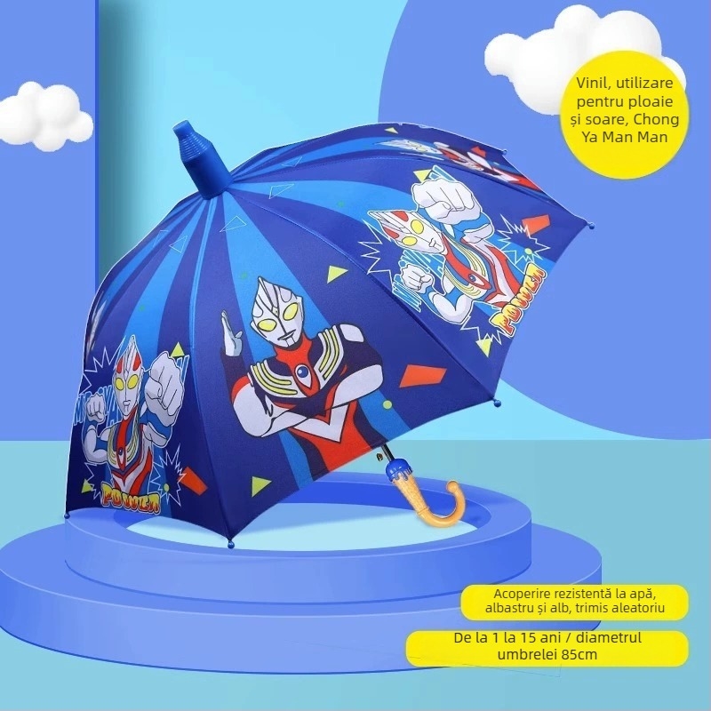 Umbrelă pentru copii pentru soare și ploaie, material textil din vinil, UPF 50+, cadru cu 8 nervuri, deschidere/închidere manuală, stil desen animat