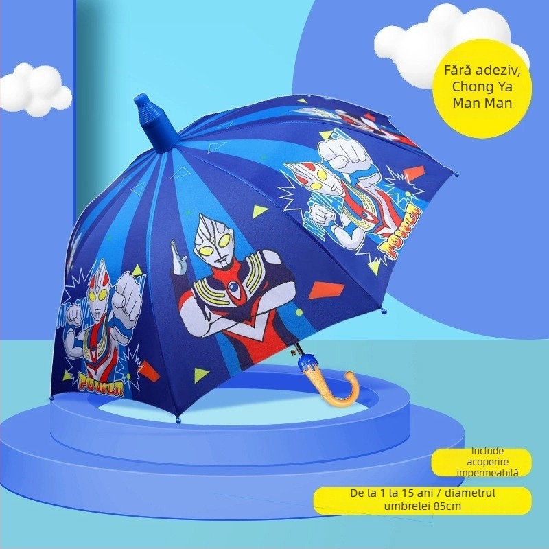 Umbrelă pentru copii pentru soare și ploaie, material textil din vinil, UPF 50+, cadru cu 8 nervuri, deschidere/închidere manuală, stil desen animat