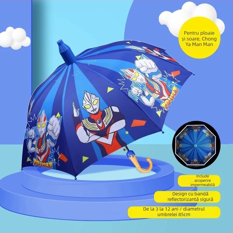 Umbrelă pentru copii pentru soare și ploaie, material textil din vinil, UPF 50+, cadru cu 8 nervuri, deschidere/închidere manuală, stil desen animat