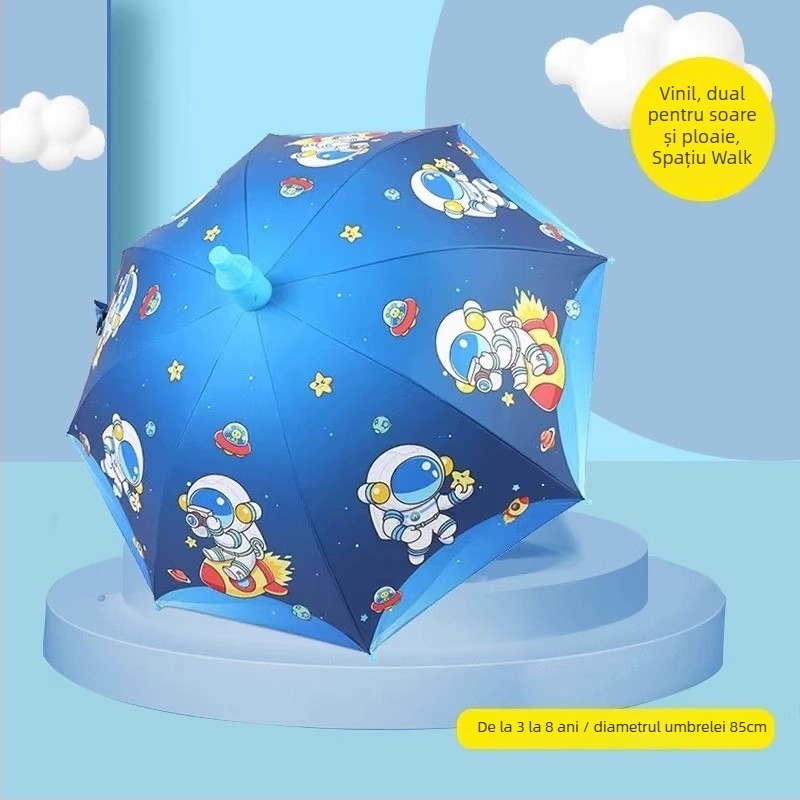 Umbrelă pentru copii pentru soare și ploaie, material textil din vinil, UPF 50+, cadru cu 8 nervuri, deschidere/închidere manuală, stil desen animat