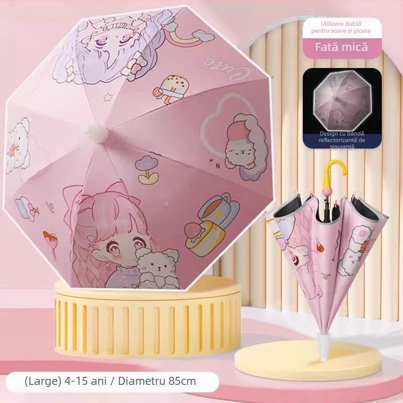 Umbrelă pentru copii pentru soare și ploaie, material textil din vinil, UPF 50+, cadru cu 8 nervuri, deschidere/închidere manuală, stil desen animat
