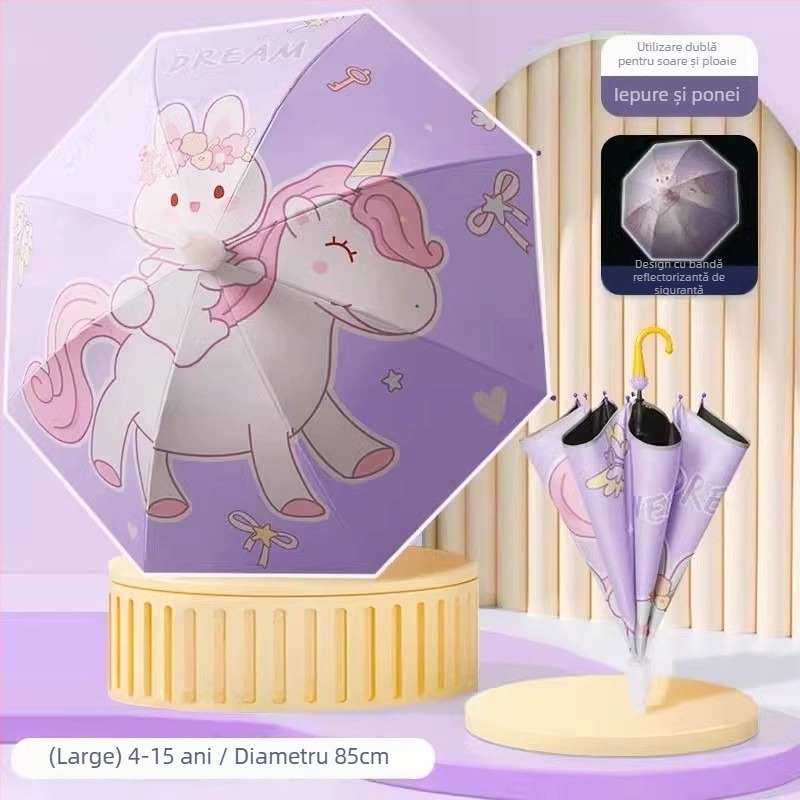 Umbrelă pentru copii pentru soare și ploaie, material textil din vinil, UPF 50+, cadru cu 8 nervuri, deschidere/închidere manuală, stil desen animat