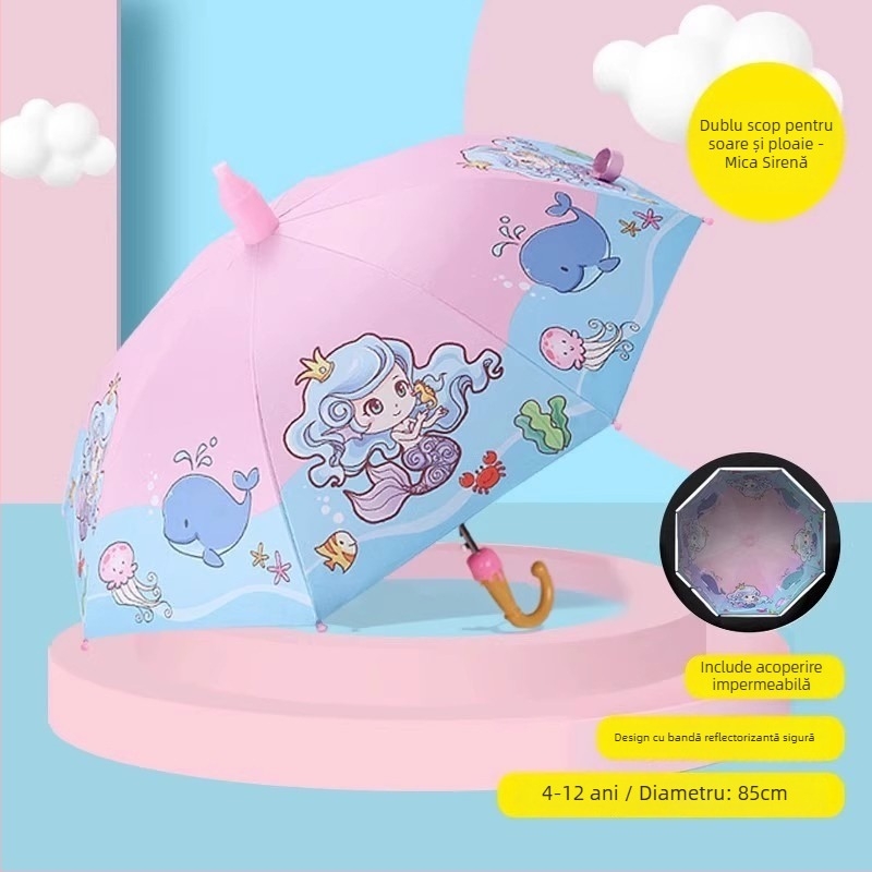 Umbrelă pentru copii pentru soare și ploaie, material textil din vinil, UPF 50+, cadru cu 8 nervuri, deschidere/închidere manuală, stil desen animat
