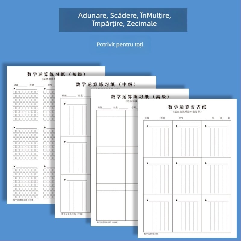 Fișă de exerciții pentru operații matematice pentru elevi din învățământul primar, cu alinierea cifrelor, hârtie groasă de schiță, grilă 5×24, plic cu fereastră