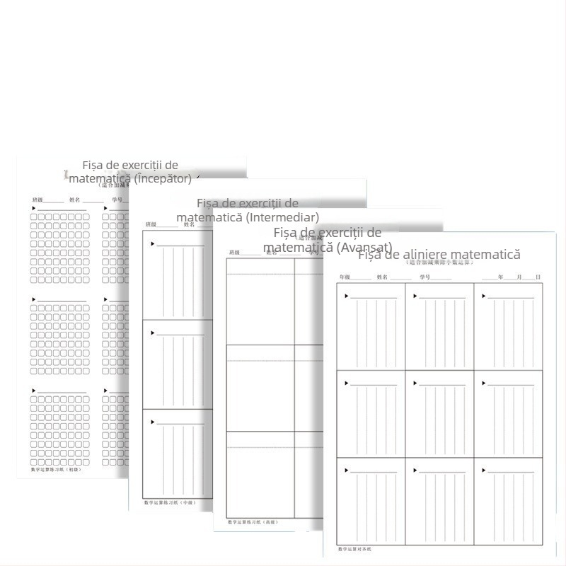 Fișă de exerciții pentru operații matematice pentru elevi din învățământul primar, cu alinierea cifrelor, hârtie groasă de schiță, grilă 5×24, plic cu fereastră