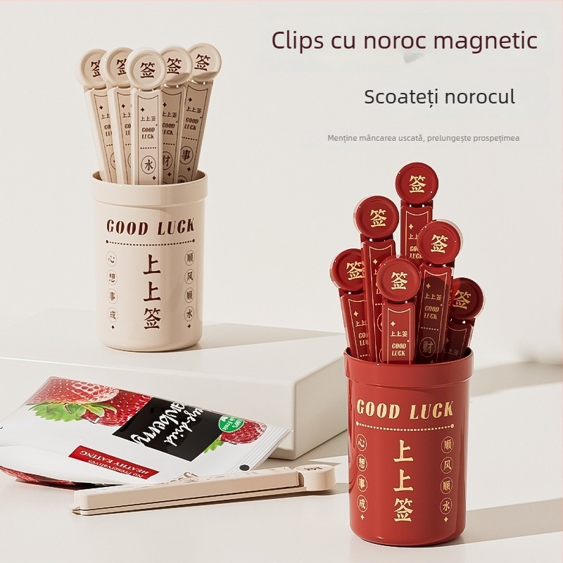 Clip magnetic sigilare pentru pungi alimentare, din plastic de calitate alimentară, rezistent la umezeală și menținerea prospețimii; potrivit pentru sigilarea laptelui praf și a gustărilor cu banane; imprimare logo disponibilă; 1 cutie cu 6 bucăți