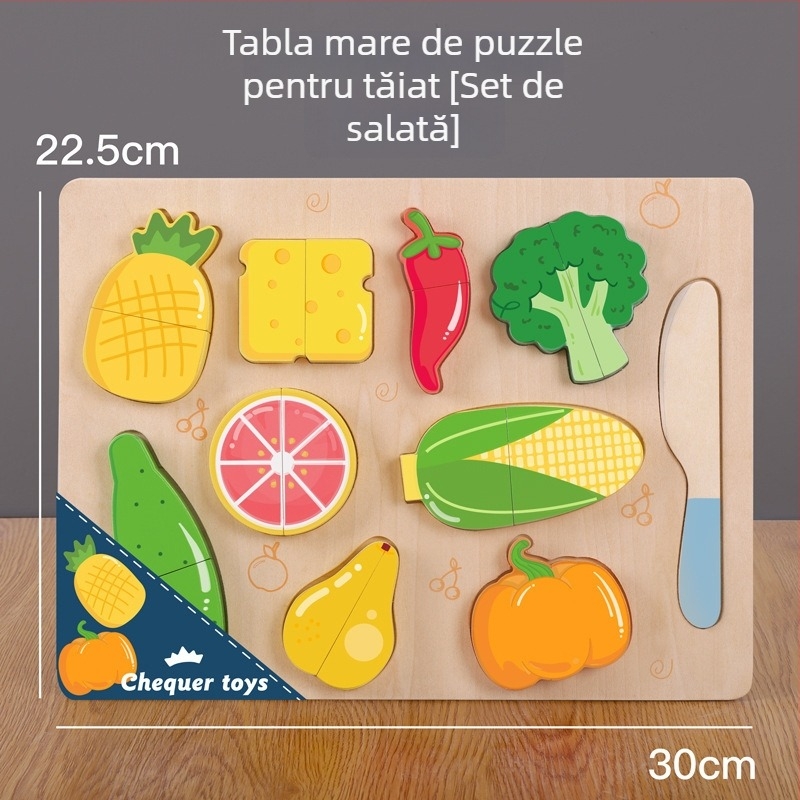 Panou puzzle din lemn magnetic pentru tăierea fructelor și legumelor – jucărie din lemn pentru copii 4–6 ani
