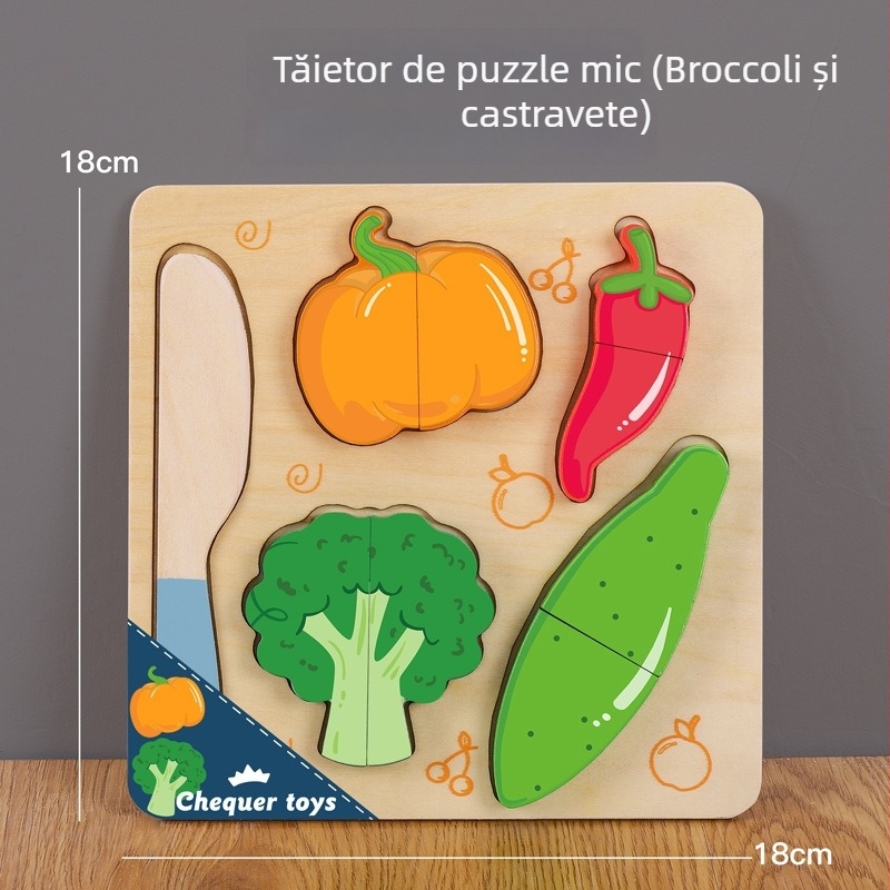 Panou puzzle din lemn magnetic pentru tăierea fructelor și legumelor – jucărie din lemn pentru copii 4–6 ani
