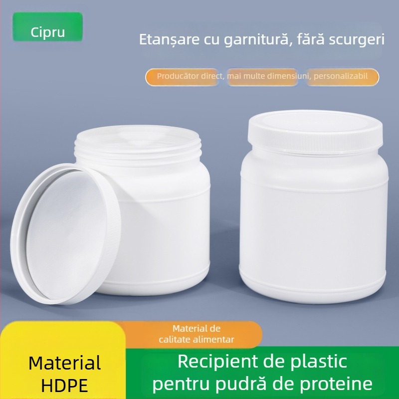 Recipient pentru pudră proteică, plastic HDPE, capac filet etanș, gură largă, capacitate 1250 ml / 1100 ml