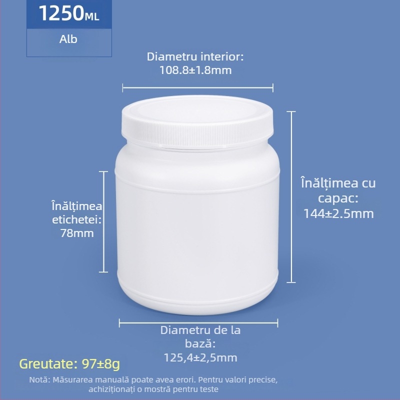 Recipient pentru pudră proteică, plastic HDPE, capac filet etanș, gură largă, capacitate 1250 ml / 1100 ml