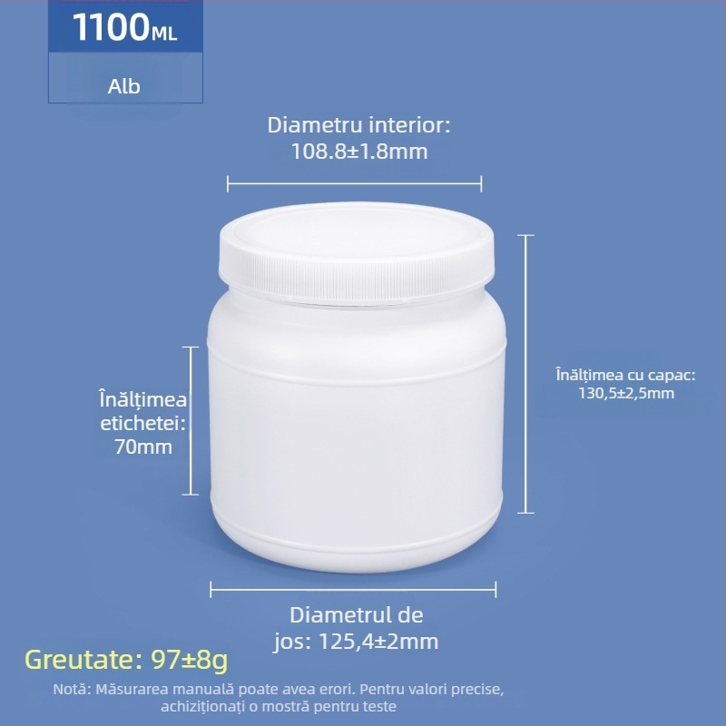 Recipient pentru pudră proteică, plastic HDPE, capac filet etanș, gură largă, capacitate 1250 ml / 1100 ml