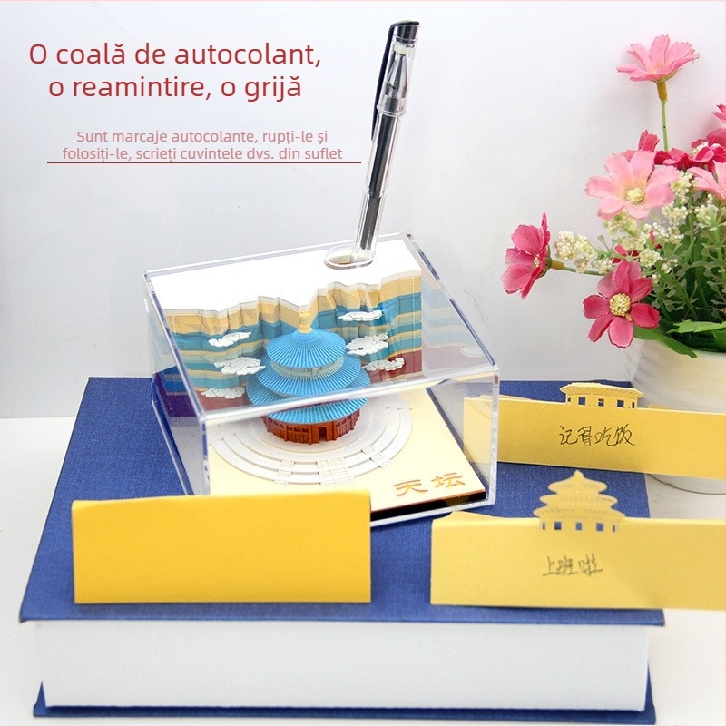 Temple of Heaven 3D Notițe adezive — formă de templu, notițe care se pot rupe manual, pagini și copertă din hârtie specială, cutie din acrilic pentru cadouri, personalizare disponibilă