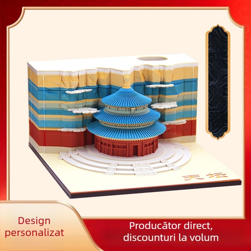 Temple of Heaven 3D Notițe adezive — formă de templu, notițe care se pot rupe manual, pagini și copertă din hârtie specială, cutie din acrilic pentru cadouri, personalizare disponibilă