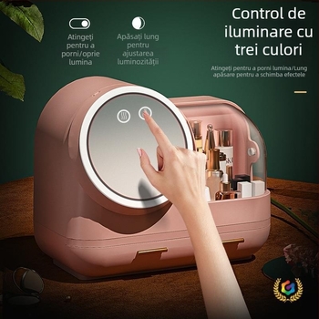 Organizator de machiaj pentru birou cu oglindă LED și ventilator încorporat, corp din plastic, personalizare a logo-ului
