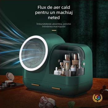 Organizator de machiaj pentru birou cu oglindă LED și ventilator încorporat, corp din plastic, personalizare a logo-ului