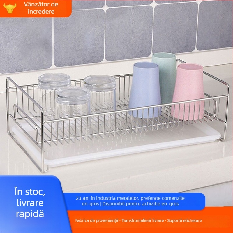 Raft de drenaj din oțel inoxidabil cu tavă de apă – suport bucătărie pentru scurgerea vaselor, sticle și pahare