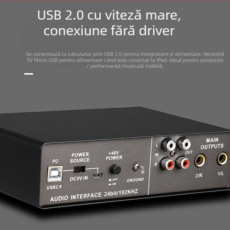 Wadeland interfață audio USB externă, 192 kHz, 2 intrări / 2 ieșiri pentru înregistrare și streaming live